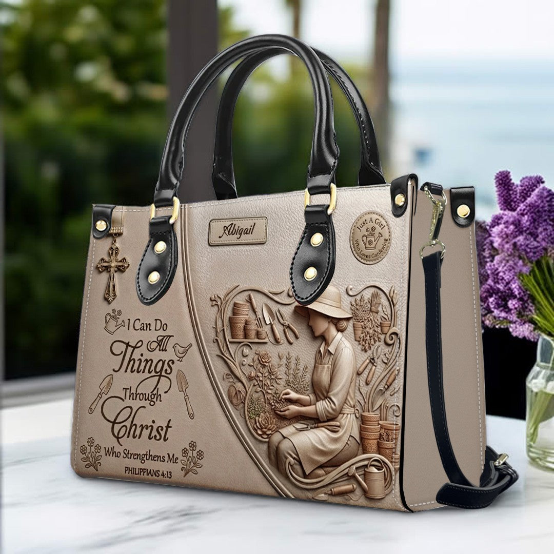 CHRISTIANARTBAG Personalized Leather Handbag - Custom Name Greige Crossbody Bag, Christian Gift for Women, Philippians 4:13 Gardening Tote CAB0171926