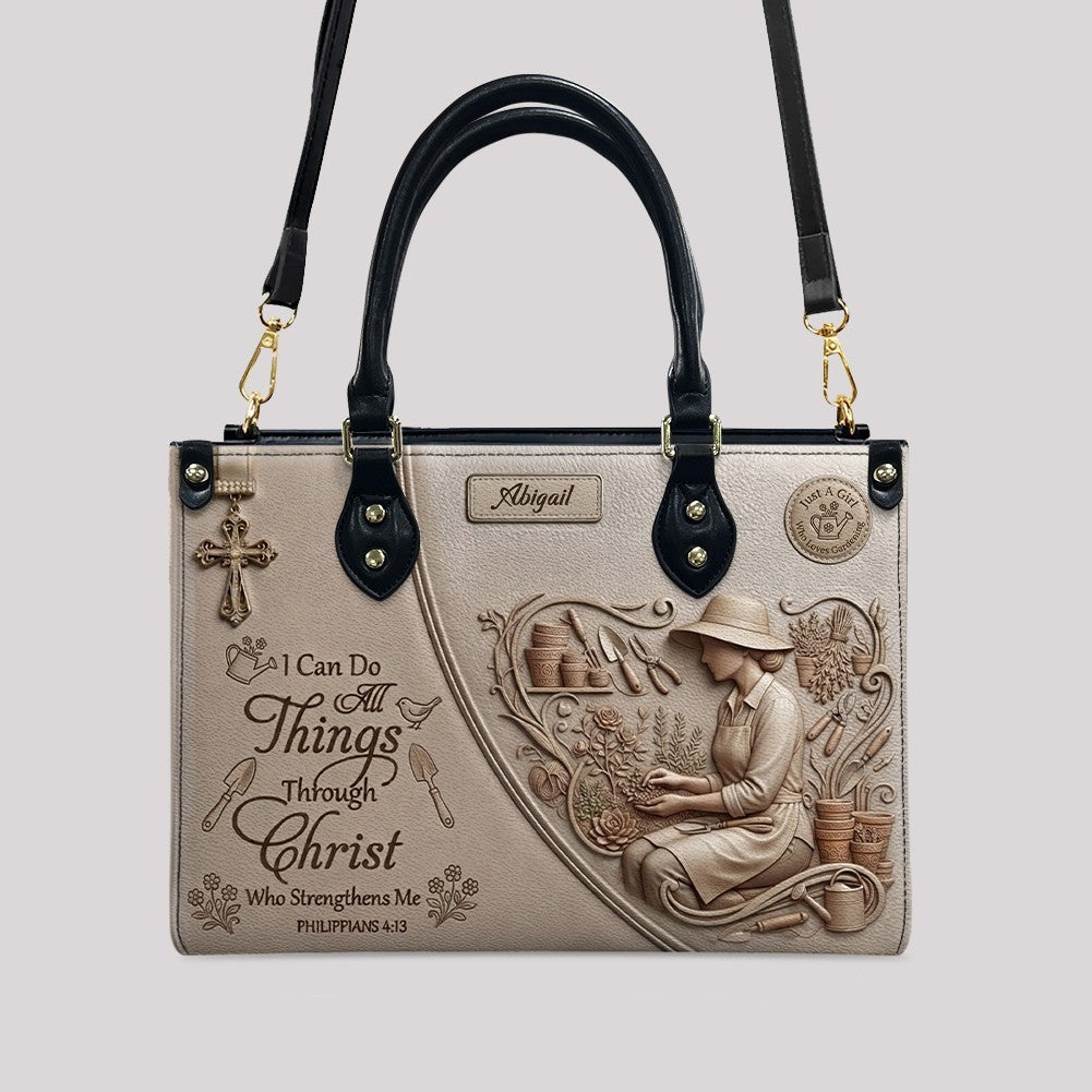 CHRISTIANARTBAG Personalized Leather Handbag - Custom Name Greige Crossbody Bag, Christian Gift for Women, Philippians 4:13 Gardening Tote CAB0171926