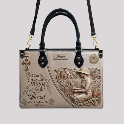 CHRISTIANARTBAG Personalized Leather Handbag - Custom Name Greige Crossbody Bag, Christian Gift for Women, Philippians 4:13 Gardening Tote CAB0171926