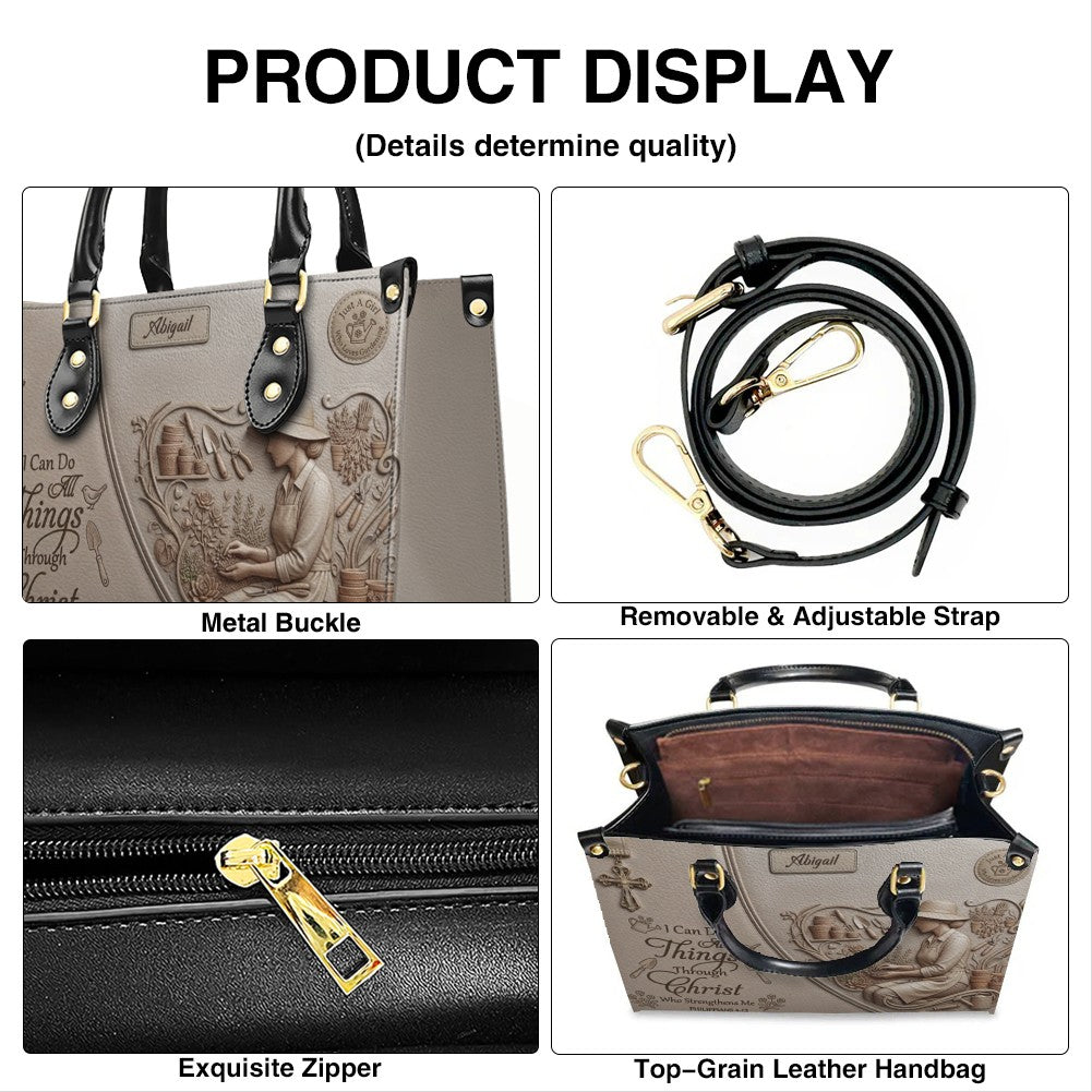 CHRISTIANARTBAG Personalized Leather Handbag - Custom Name Greige Crossbody Bag, Christian Gift for Women, Philippians 4:13 Gardening Tote CAB0171926
