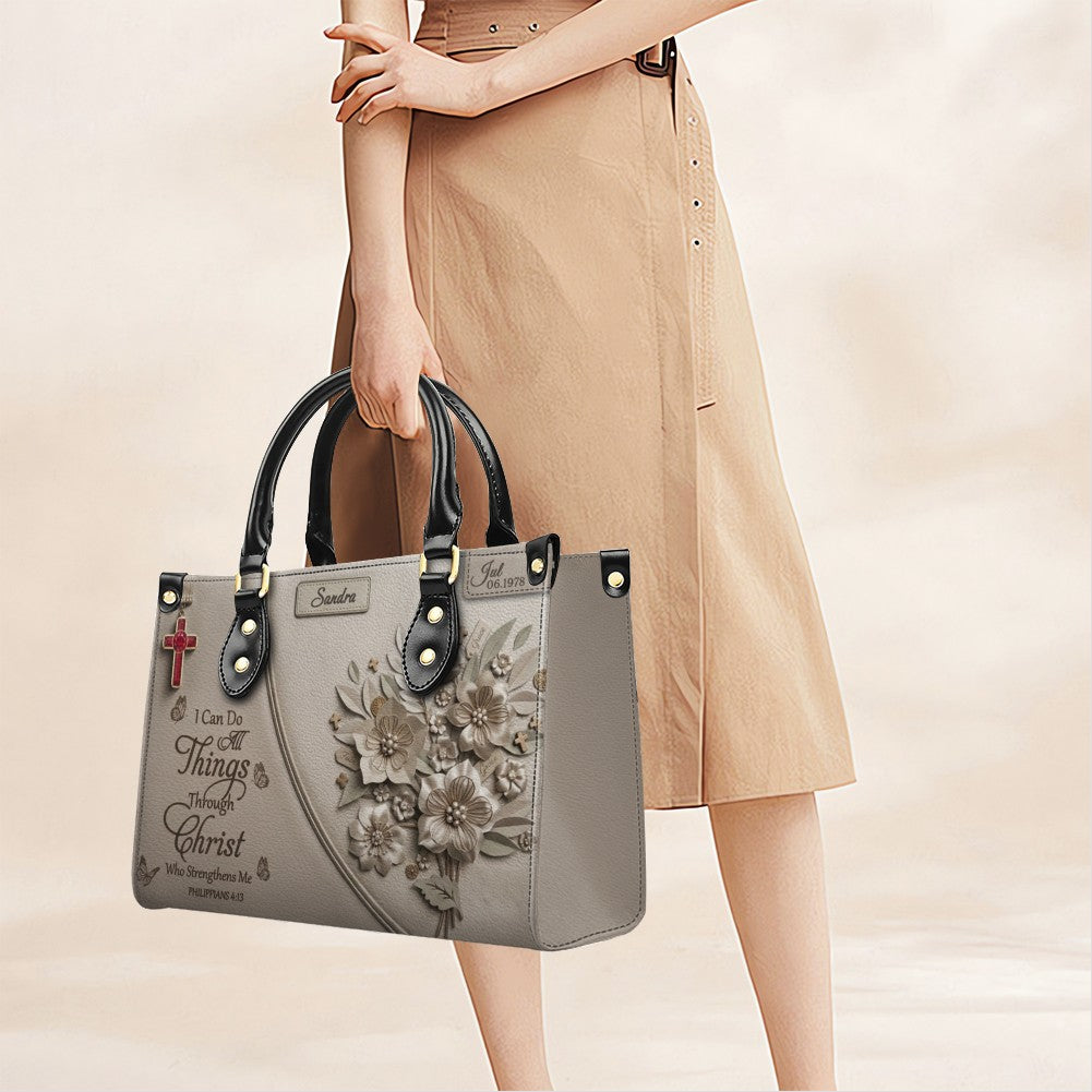 Personalized Christian Leather Handbag with Custom Name & Birthstone - "I Can Do All Things Through Christ" Philippians 4:13 Purse | CHRISTIANARTBAG 01072526