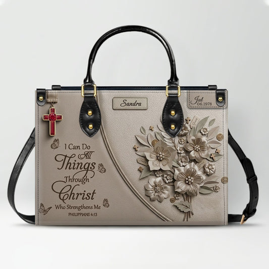 Personalized Christian Leather Handbag with Custom Name & Birthstone - "I Can Do All Things Through Christ" Philippians 4:13 Purse | CHRISTIANARTBAG 01072526