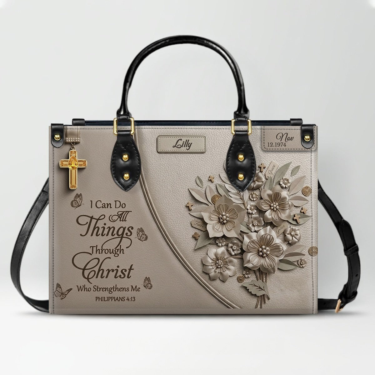 Personalized Christian Leather Handbag with Custom Name & Birthstone - "I Can Do All Things Through Christ" Philippians 4:13 Purse | CHRISTIANARTBAG 01072526