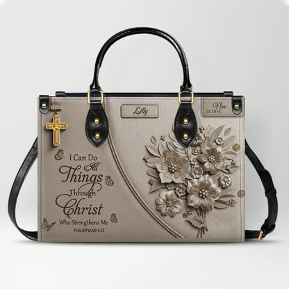 Personalized Christian Leather Handbag with Custom Name & Birthstone - "I Can Do All Things Through Christ" Philippians 4:13 Purse | CHRISTIANARTBAG 01072526