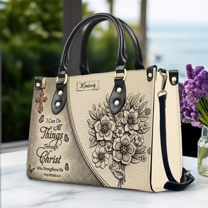 Custom Name Hand-Drawn Ink Sketch Leather Handbag | "I Can Do All Things Through Christ" Floral Design | CHRISTIANARTBAG 01070426