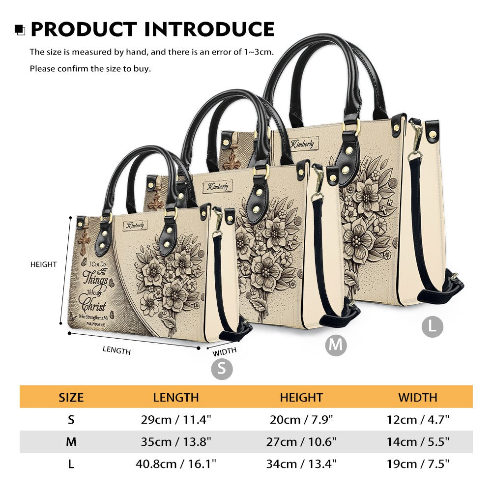Custom Name Hand-Drawn Ink Sketch Leather Handbag | "I Can Do All Things Through Christ" Floral Design | CHRISTIANARTBAG 01070426