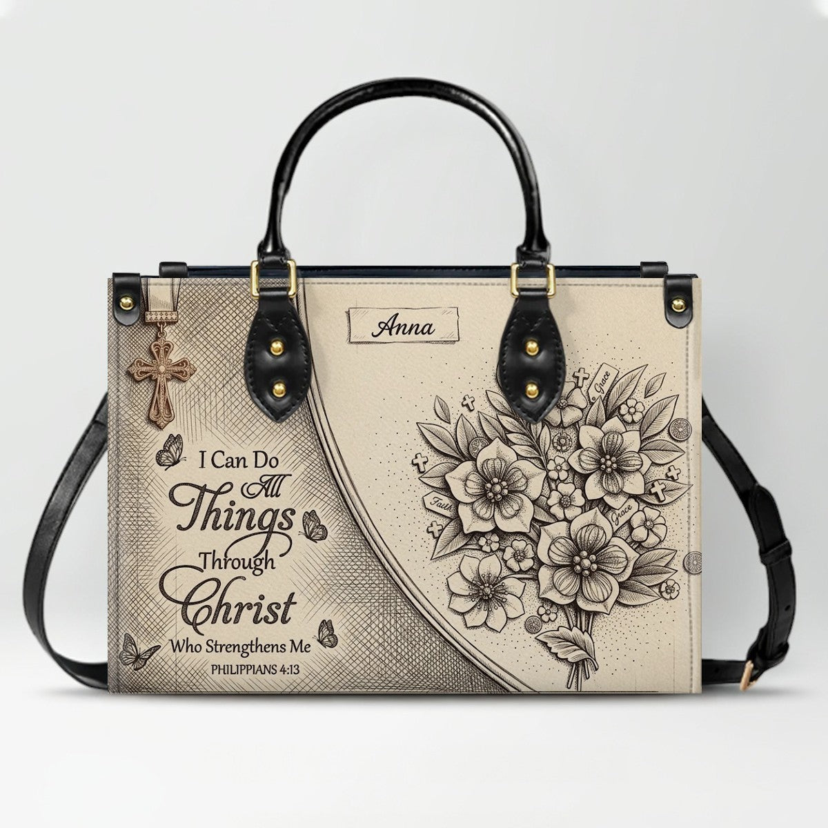 Custom Name Christian Leather Handbag by CHRISTIANARTBAG | I Can Do All Things Shoulder Bag, Religious Floral Gift for Her CAB01070126