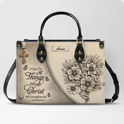 Custom Name Christian Leather Handbag by CHRISTIANARTBAG | I Can Do All Things Shoulder Bag, Religious Floral Gift for Her CAB01070126