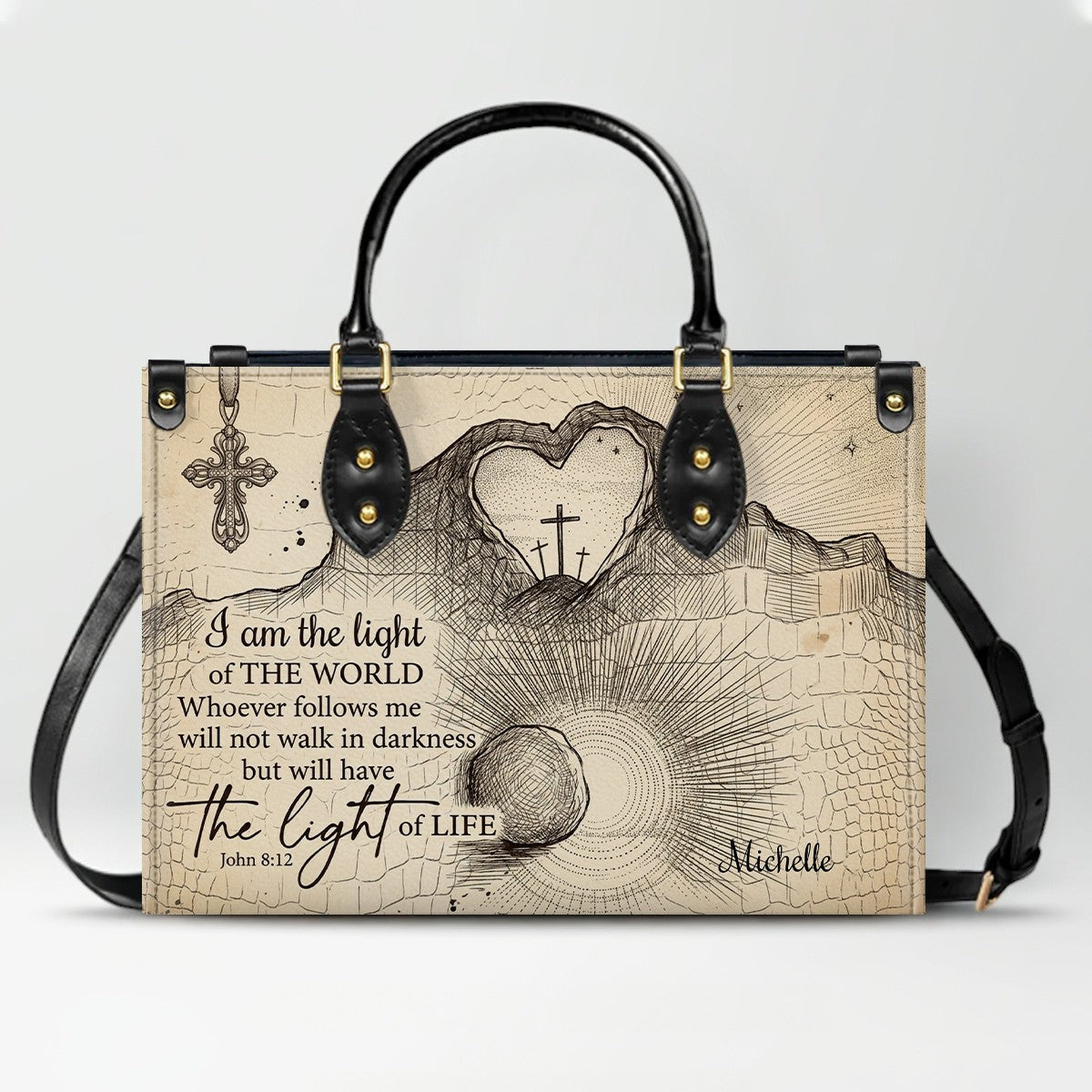 CHRISTIANARTBAG Personalized Leather Handbag - "I Am The Light of The World" John 8:12 Bible Verse Tote Bag with Cross Charm - Custom Name