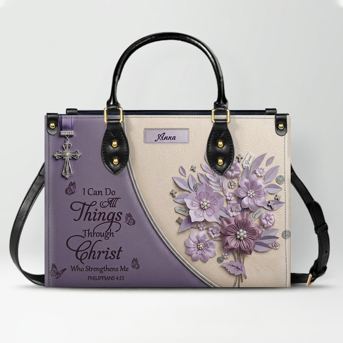 Custom Name Christian Leather Handbag by CHRISTIANARTBAG | I Can Do All Things Shoulder Bag, Religious Floral Gift for Her CAB01070126