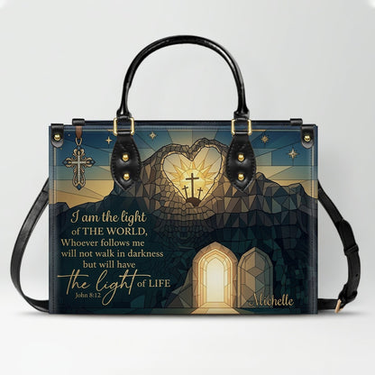 CHRISTIANARTBAG Personalized Leather Handbag - "I Am The Light of The World" John 8:12 Bible Verse Tote Bag with Cross Charm - Custom Name
