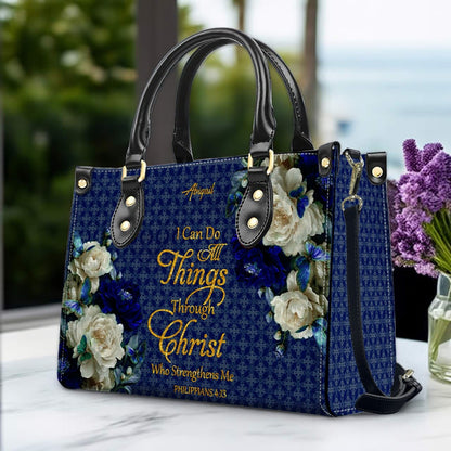 Personalized Christian Leather Handbag & Long Wallet Set – Custom Name Bible Verse Floral Blue Bag Gift for Women