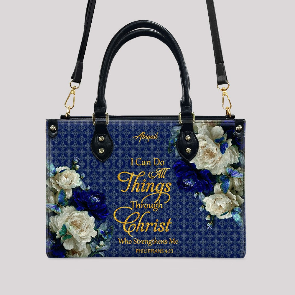 Personalized Christian Leather Handbag & Long Wallet Set – Custom Name Bible Verse Floral Blue Bag Gift for Women