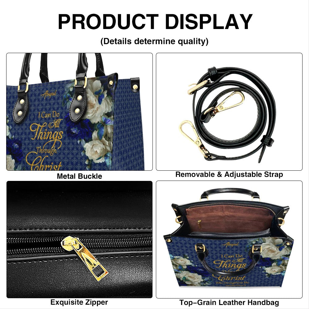 Personalized Christian Leather Handbag & Long Wallet Set – Custom Name Bible Verse Floral Blue Bag Gift for Women