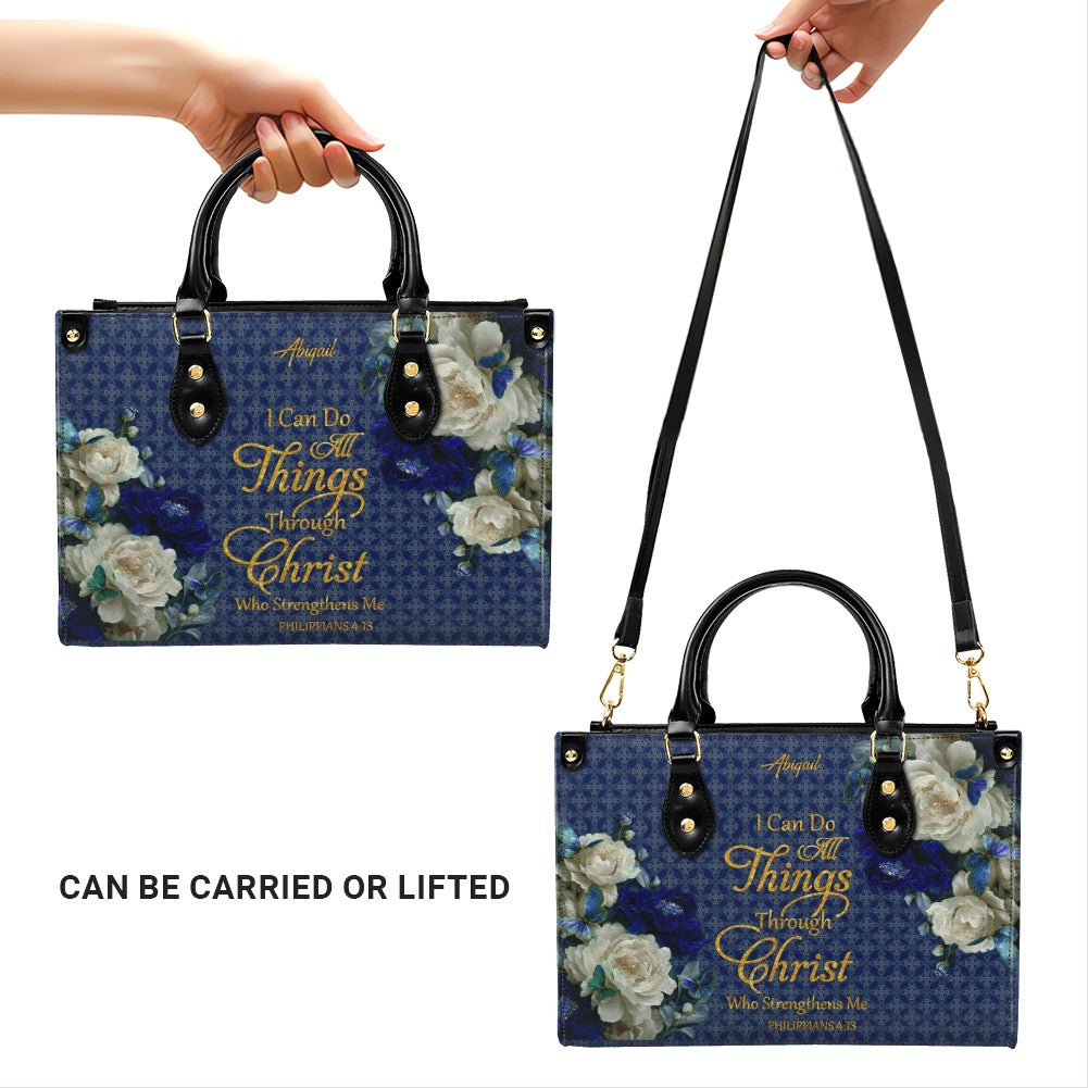 Personalized Christian Leather Handbag & Long Wallet Set – Custom Name Bible Verse Floral Blue Bag Gift for Women