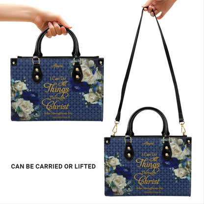 Personalized Christian Leather Handbag & Long Wallet Set – Custom Name Bible Verse Floral Blue Bag Gift for Women