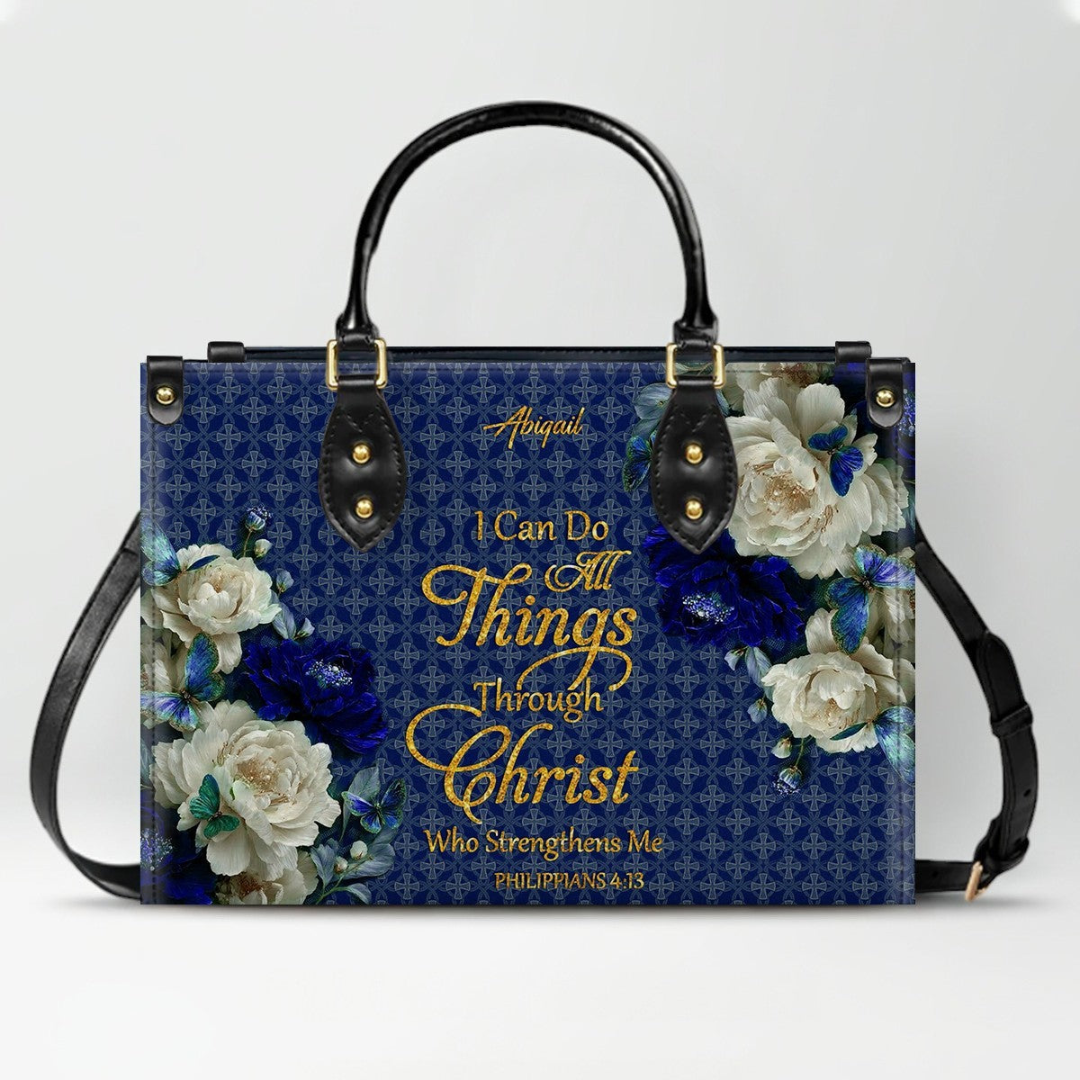 Personalized Christian Leather Handbag & Long Wallet Set – Custom Name Bible Verse Floral Blue Bag Gift for Women