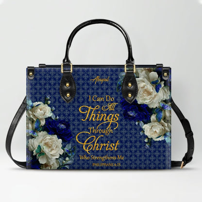 Personalized Christian Leather Handbag & Long Wallet Set – Custom Name Bible Verse Floral Blue Bag Gift for Women