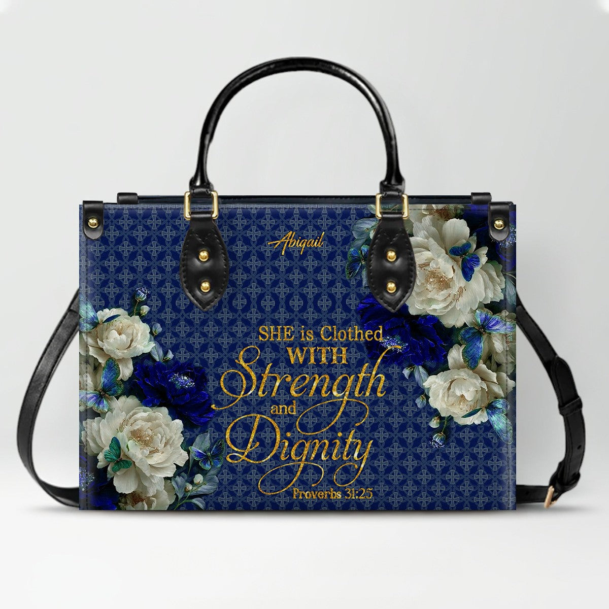 Personalized Christian Leather Handbag & Long Wallet Set – Custom Name Bible Verse Floral Blue Bag Gift for Women