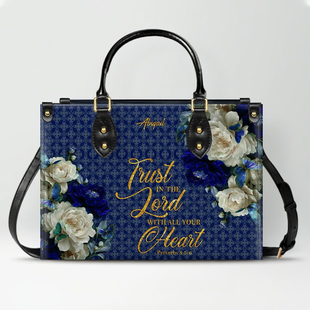 Personalized Christian Leather Handbag & Long Wallet Set – Custom Name Bible Verse Floral Blue Bag Gift for Women