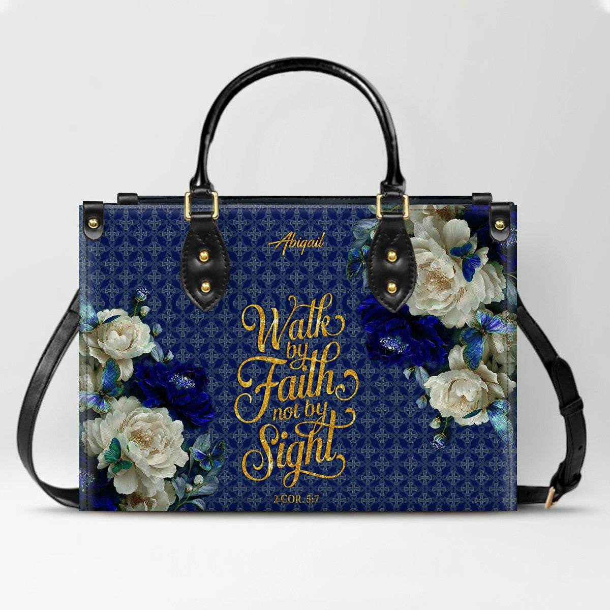 Personalized Christian Leather Handbag & Long Wallet Set – Custom Name Bible Verse Floral Blue Bag Gift for Women