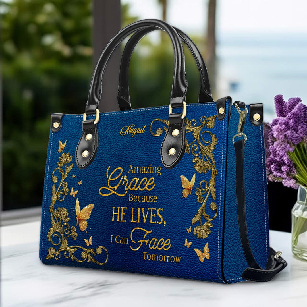 Personalized Christian Leather Handbag – Amazing Grace Because He Lives Tote, Custom Name Faith Gift for Women, Luxury Gold Foil Purse – CHRISTIANARTBAG