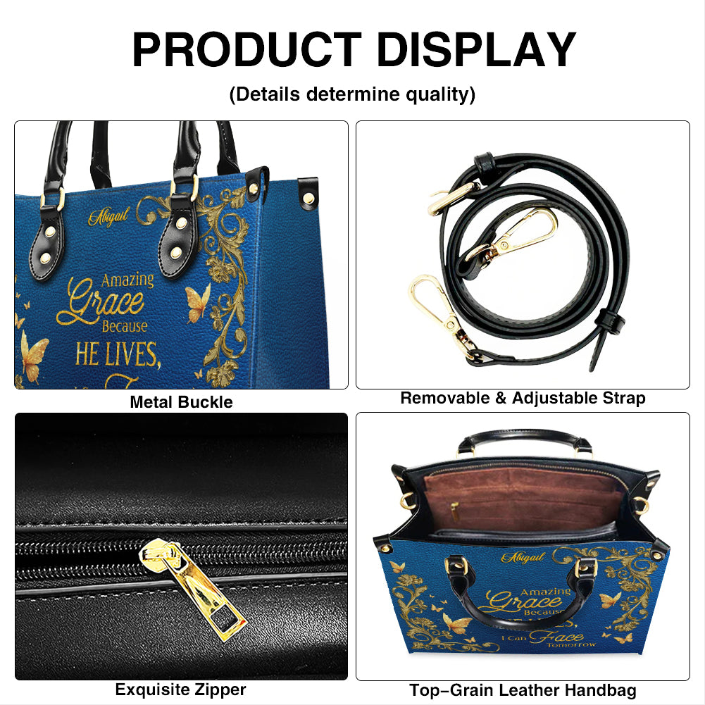 Personalized Christian Leather Handbag – Amazing Grace Because He Lives Tote, Custom Name Faith Gift for Women, Luxury Gold Foil Purse – CHRISTIANARTBAG