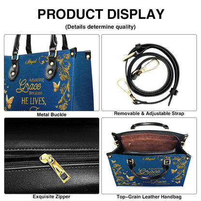 Personalized Christian Leather Handbag – Amazing Grace Because He Lives Tote, Custom Name Faith Gift for Women, Luxury Gold Foil Purse – CHRISTIANARTBAG