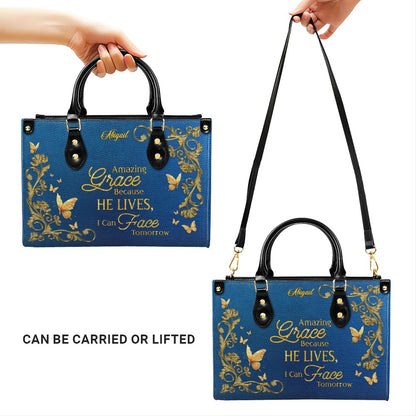 Personalized Christian Leather Handbag – Amazing Grace Because He Lives Tote, Custom Name Faith Gift for Women, Luxury Gold Foil Purse – CHRISTIANARTBAG