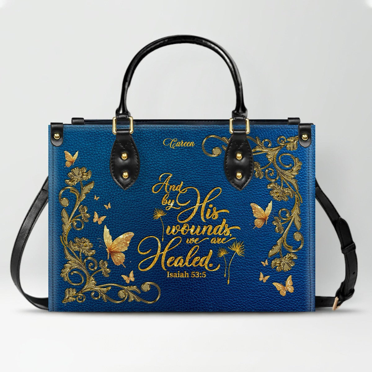 Personalized Christian Leather Handbag – Gold Navy Bible Verse Tote for Women | CHRISTIANARTBAG CAB0241426