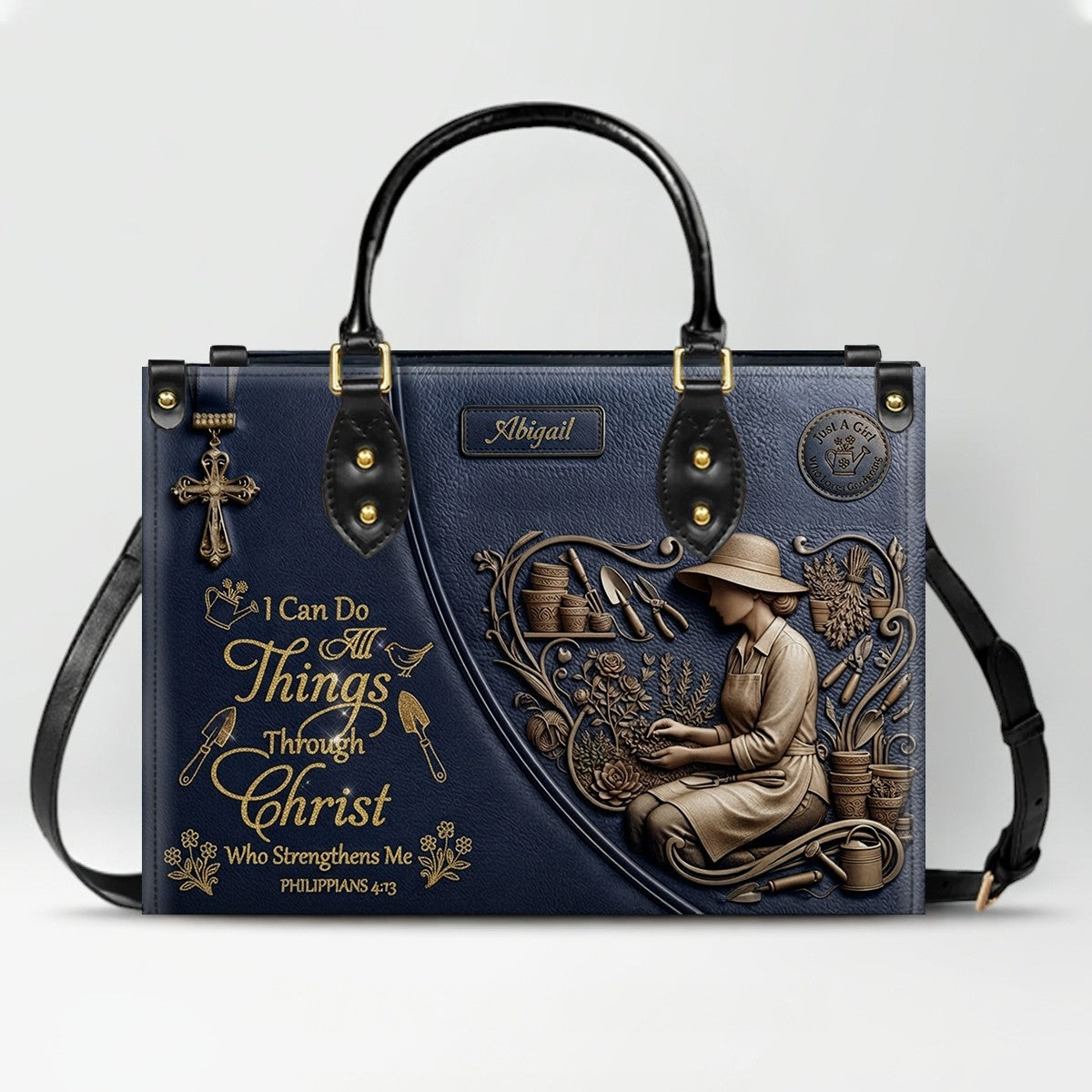 CHRISTIANARTBAG Personalized Leather Handbag - Custom Name Greige Crossbody Bag, Christian Gift for Women, Philippians 4:13 Gardening Tote CAB0171926
