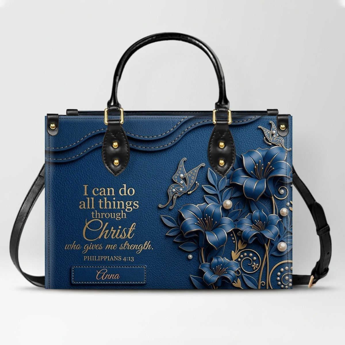Personalized Leather Handbag - Custom Name Christian Bible Verse Philippians 4:13 Floral Butterfly Tote Bag | CHRISTIANARTBAG CA02100926
