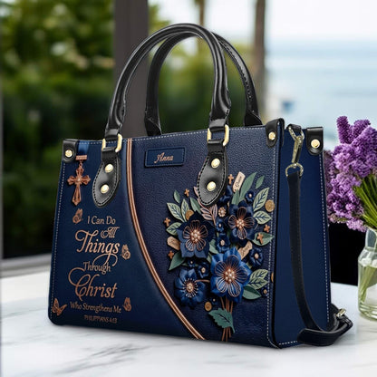 Custom Name Christian Leather Handbag by CHRISTIANARTBAG | I Can Do All Things Shoulder Bag, Religious Floral Gift for Her CAB01070126