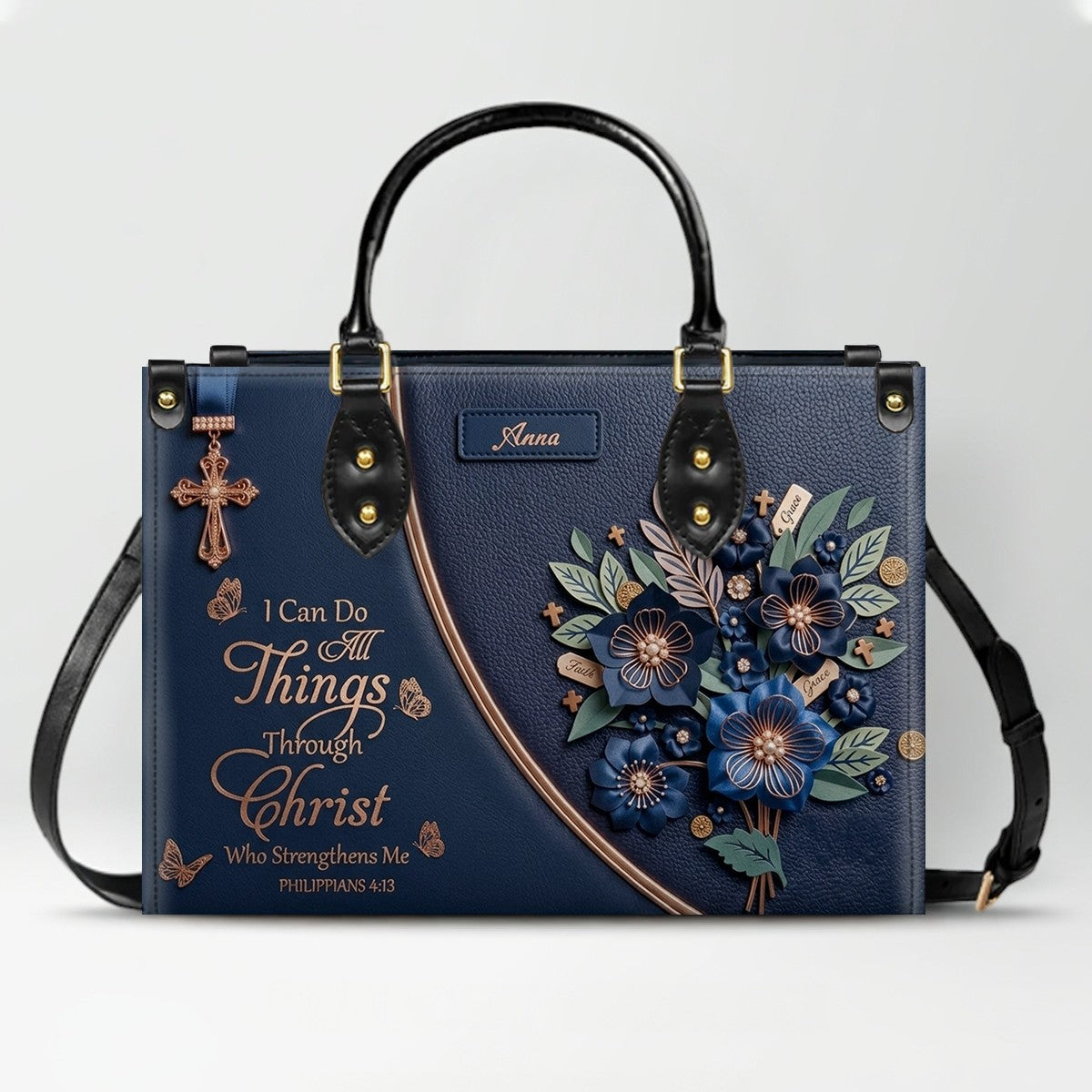 Custom Name Christian Leather Handbag by CHRISTIANARTBAG | I Can Do All Things Shoulder Bag, Religious Floral Gift for Her CAB01070126