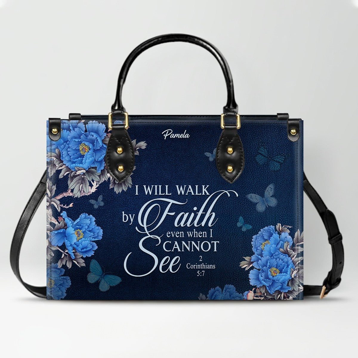 Christian Leather Purse Navy with Personalized Name & Custom Bible Verse | CHRISTIANARTBAG Luxury Bag CAB01121425