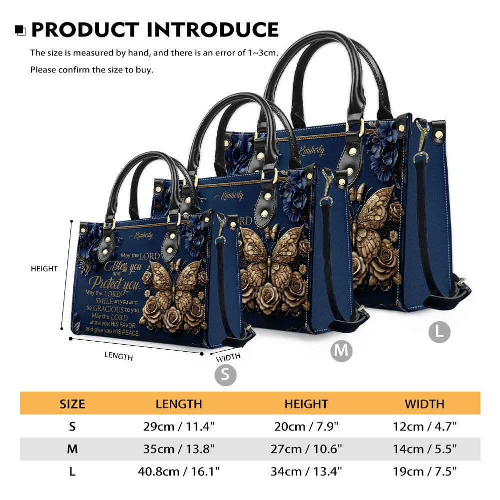 CHRISTIANARTBAG Personalized Leather Handbag, Custom Name & Color, "May The Lord Bless You" Butterfly & Floral Design, Luxury Christian Tote Bag CAB01072226