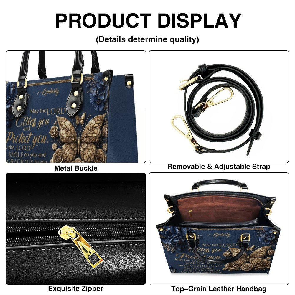 CHRISTIANARTBAG Personalized Leather Handbag, Custom Name & Color, "May The Lord Bless You" Butterfly & Floral Design, Luxury Christian Tote Bag CAB01072226
