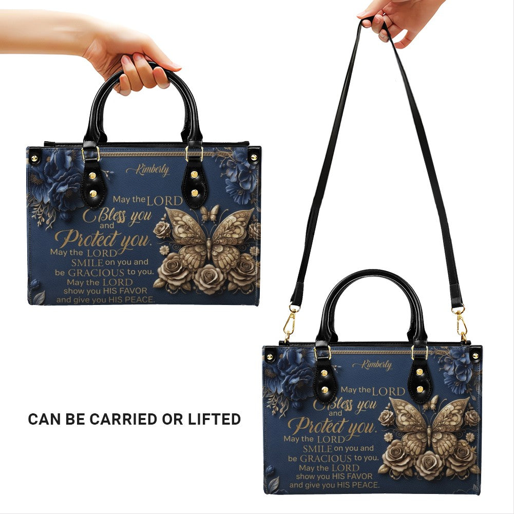 CHRISTIANARTBAG Personalized Leather Handbag, Custom Name & Color, "May The Lord Bless You" Butterfly & Floral Design, Luxury Christian Tote Bag CAB01072226