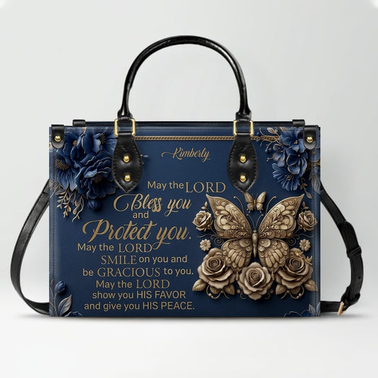CHRISTIANARTBAG Personalized Leather Handbag, Custom Name & Color, "May The Lord Bless You" Butterfly & Floral Design, Luxury Christian Tote Bag CAB01072226