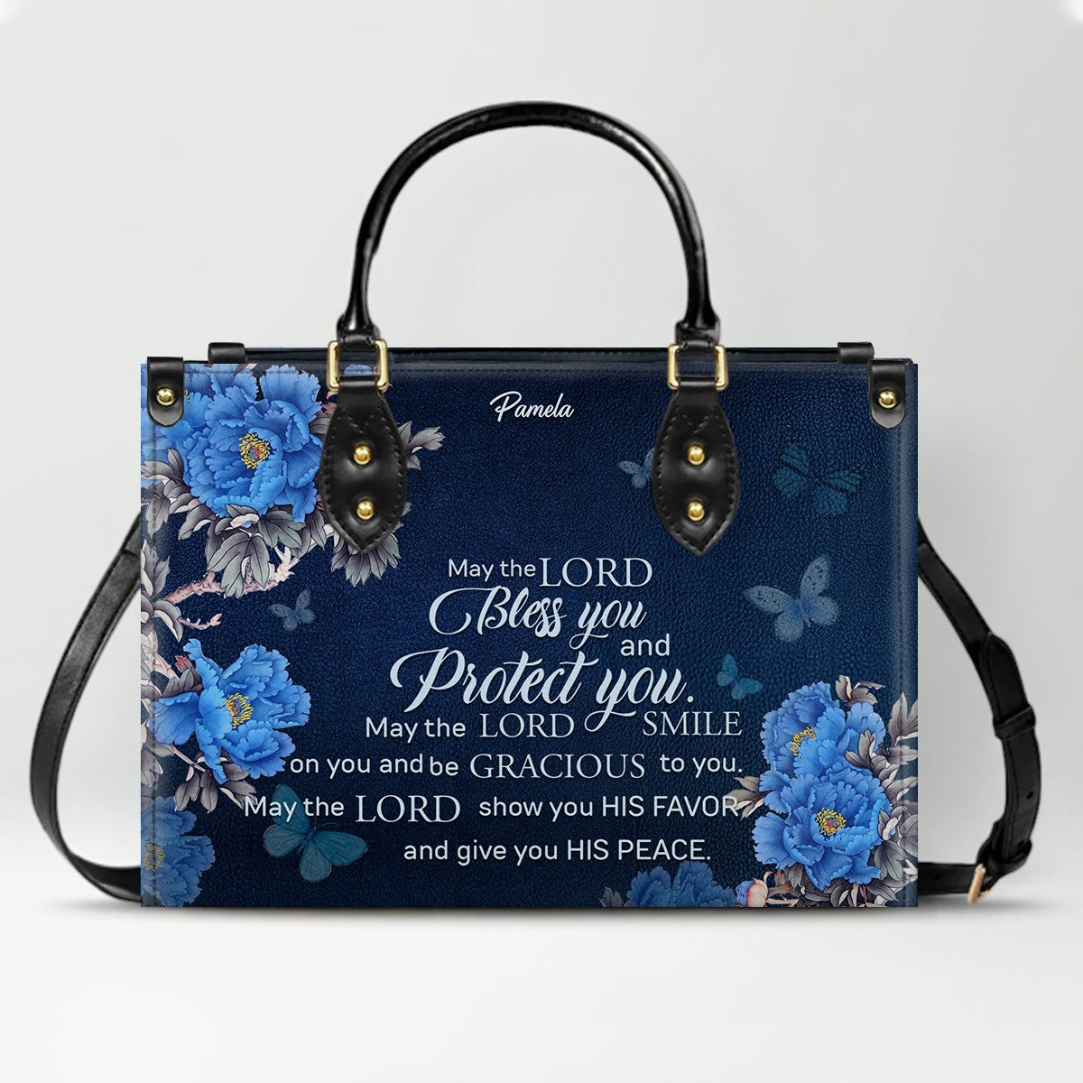 Christian Leather Purse Navy with Personalized Name & Custom Bible Verse | CHRISTIANARTBAG Luxury Bag CAB01121425