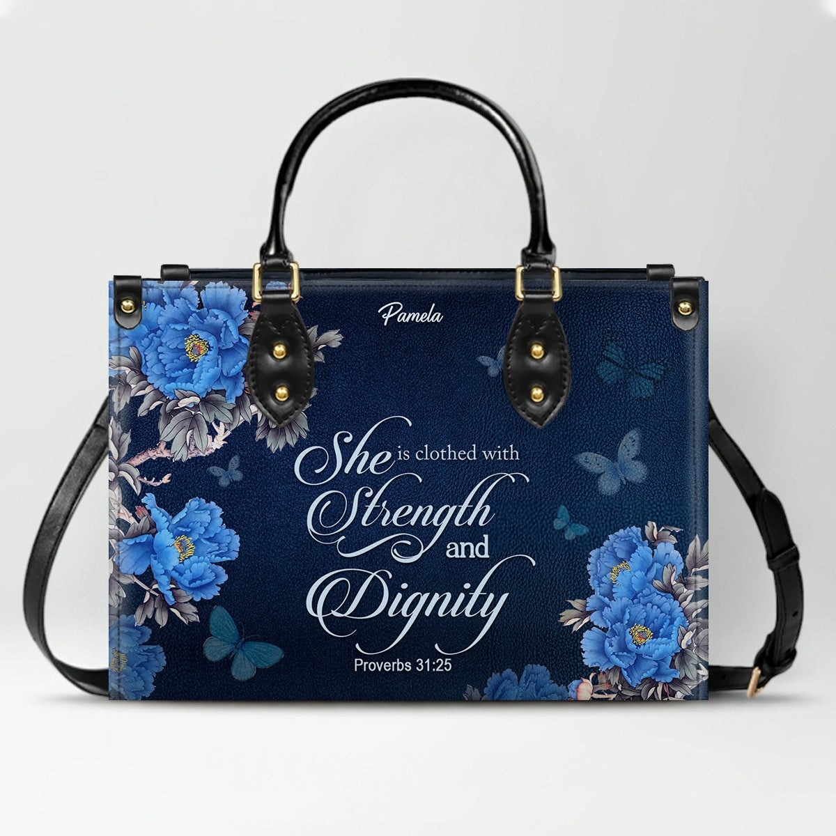 Christian Leather Purse Navy with Personalized Name & Custom Bible Verse | CHRISTIANARTBAG Luxury Bag CAB01121425