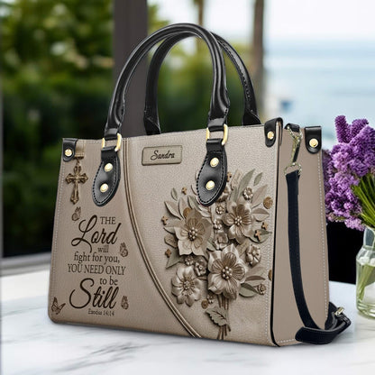 Personalized Bible Verse Leather Handbag, Custom Christian Tote Bag with Name & Exodus 14:14 - CHRISTIANARTBAG 01072626