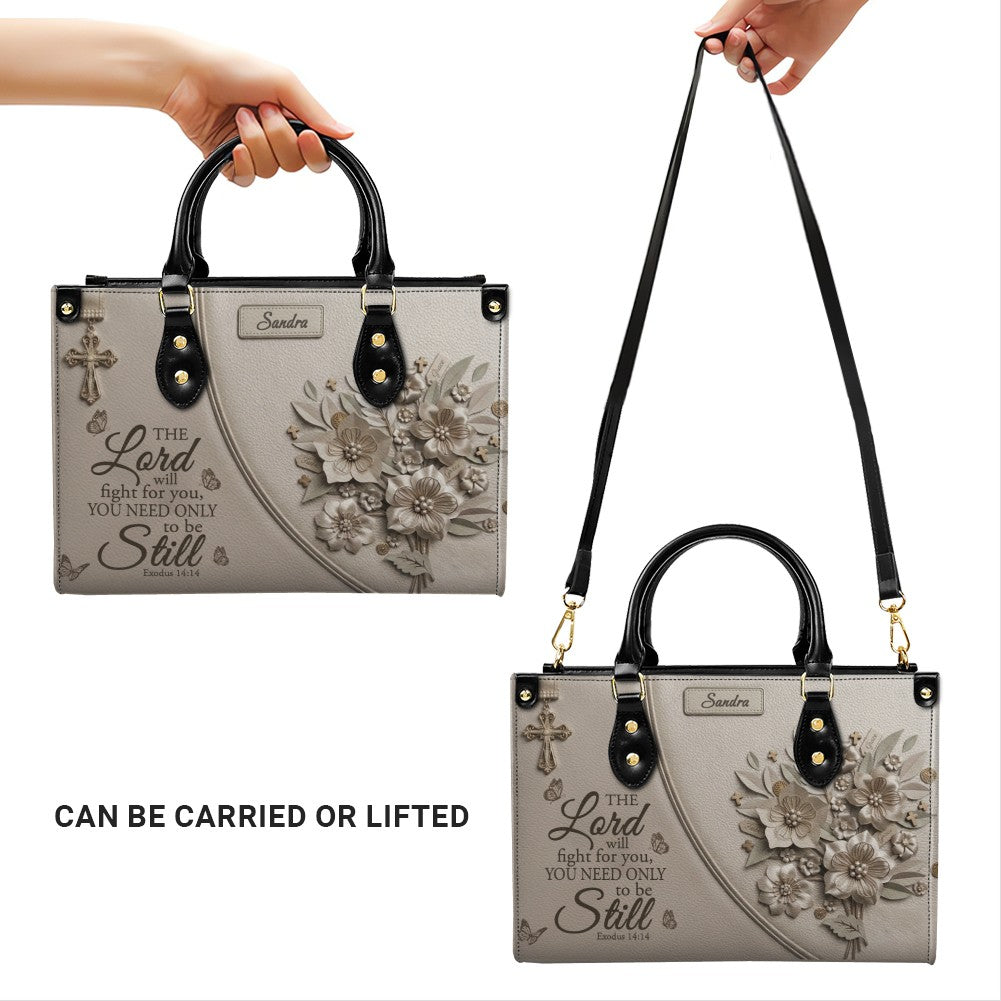 Personalized Bible Verse Leather Handbag, Custom Christian Tote Bag with Name & Exodus 14:14 - CHRISTIANARTBAG 01072626