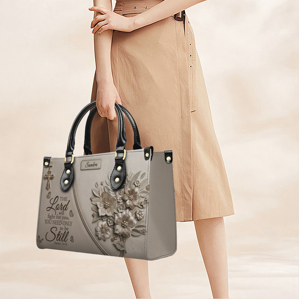 Personalized Bible Verse Leather Handbag, Custom Christian Tote Bag with Name & Exodus 14:14 - CHRISTIANARTBAG 01072626