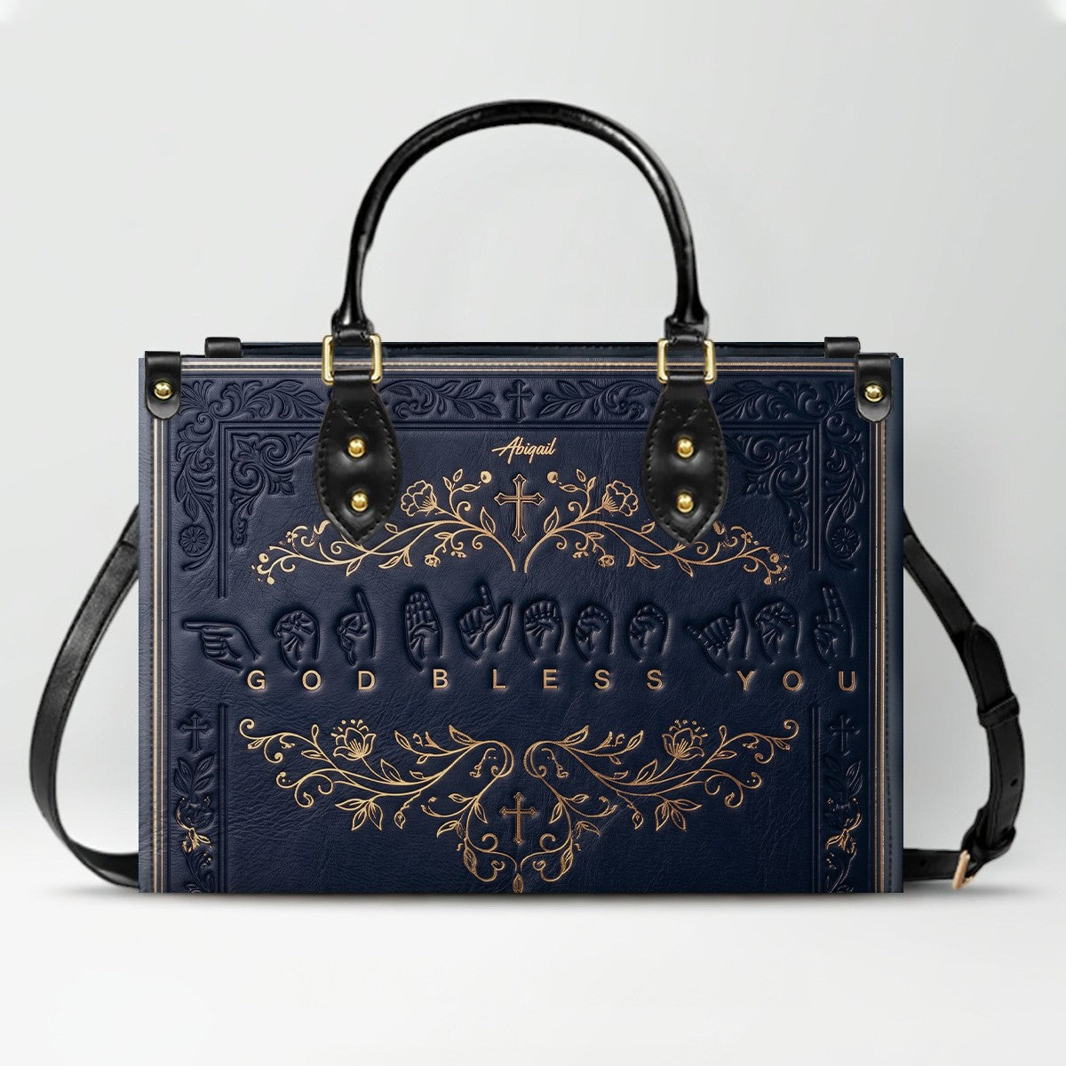 Personalized Christian ASL God Bless You Leather Handbag - Custom Name Christian Leather Tote Bag - CHRISTIANARTBAG CAB01101426