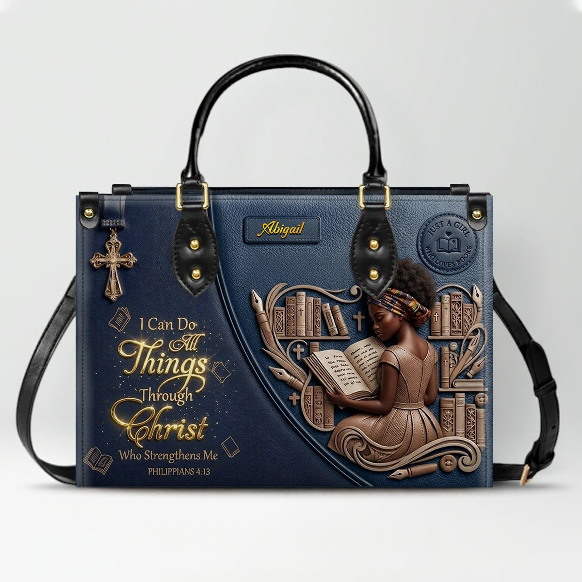 Personalized Leather Handbag | Girl Loves Books - I Can Do All Things Through Christ | CHRISTIANARTBAG CAB0171826