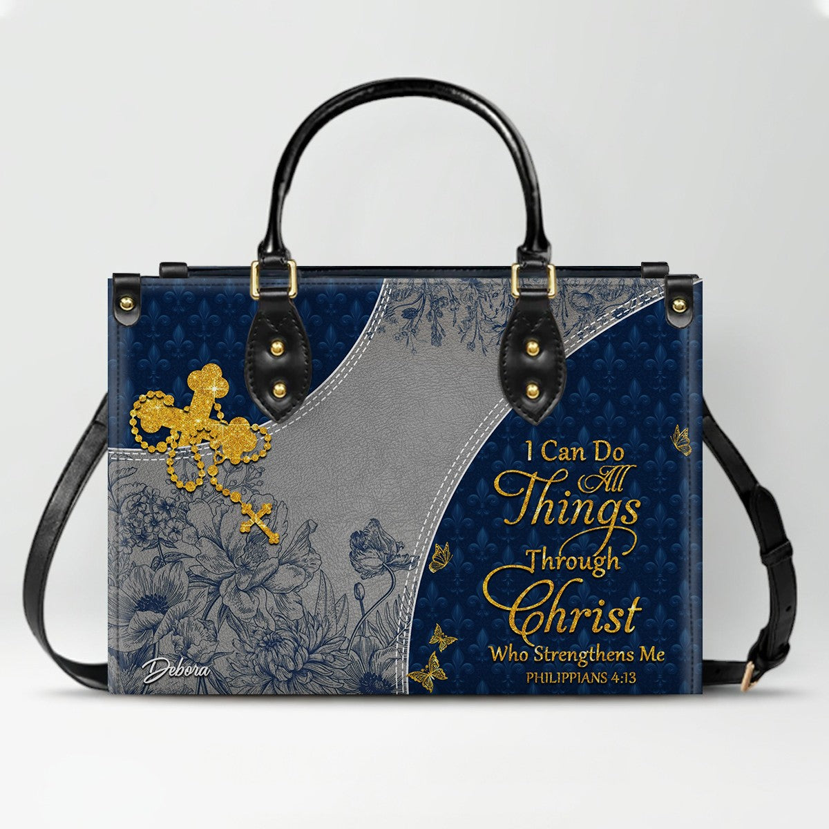 Christian Leather Purse Navy with Personalized Name & Custom Bible Verse | CHRISTIANARTBAG Luxury Bag CAB01121225