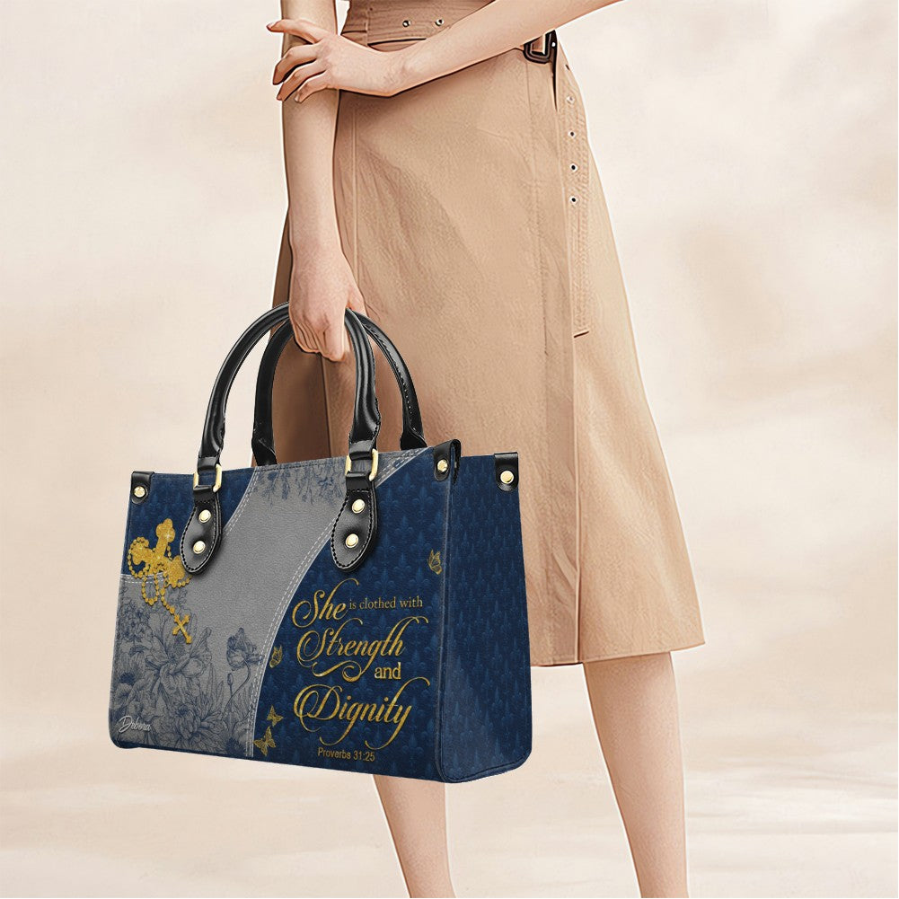 Christian Leather Purse Navy with Personalized Name & Custom Bible Verse | CHRISTIANARTBAG Luxury Bag CAB01121225