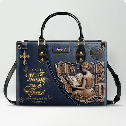 Personalized Leather Handbag | Girl Loves Books - I Can Do All Things Through Christ | CHRISTIANARTBAG CAB0171826