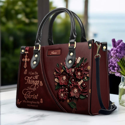 Custom Name Oxblood Burgundy Leather Handbag | "I Can Do All Things Through Christ" Floral Design | CHRISTIANARTBAG 02070426